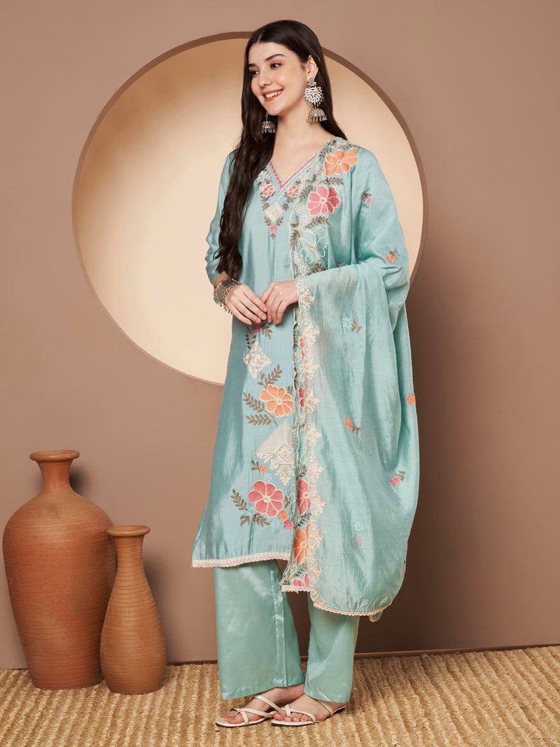 Women's Sea Green Floral Aari Work Embroidered Kurta with Palazzo and Embroidered Dupatta