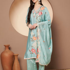 Women's Sea Green Floral Aari Work Embroidered Kurta with Palazzo and Embroidered Dupatta