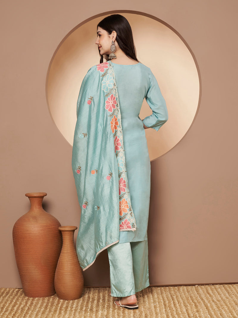 Women's Sea Green Floral Aari Work Embroidered Kurta with Palazzo and Embroidered Dupatta