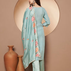 Women's Sea Green Floral Aari Work Embroidered Kurta with Palazzo and Embroidered Dupatta