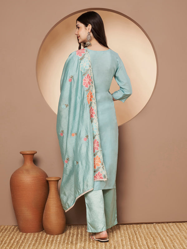 Women's Sea Green Floral Aari Work Embroidered Kurta with Palazzo and Embroidered Dupatta