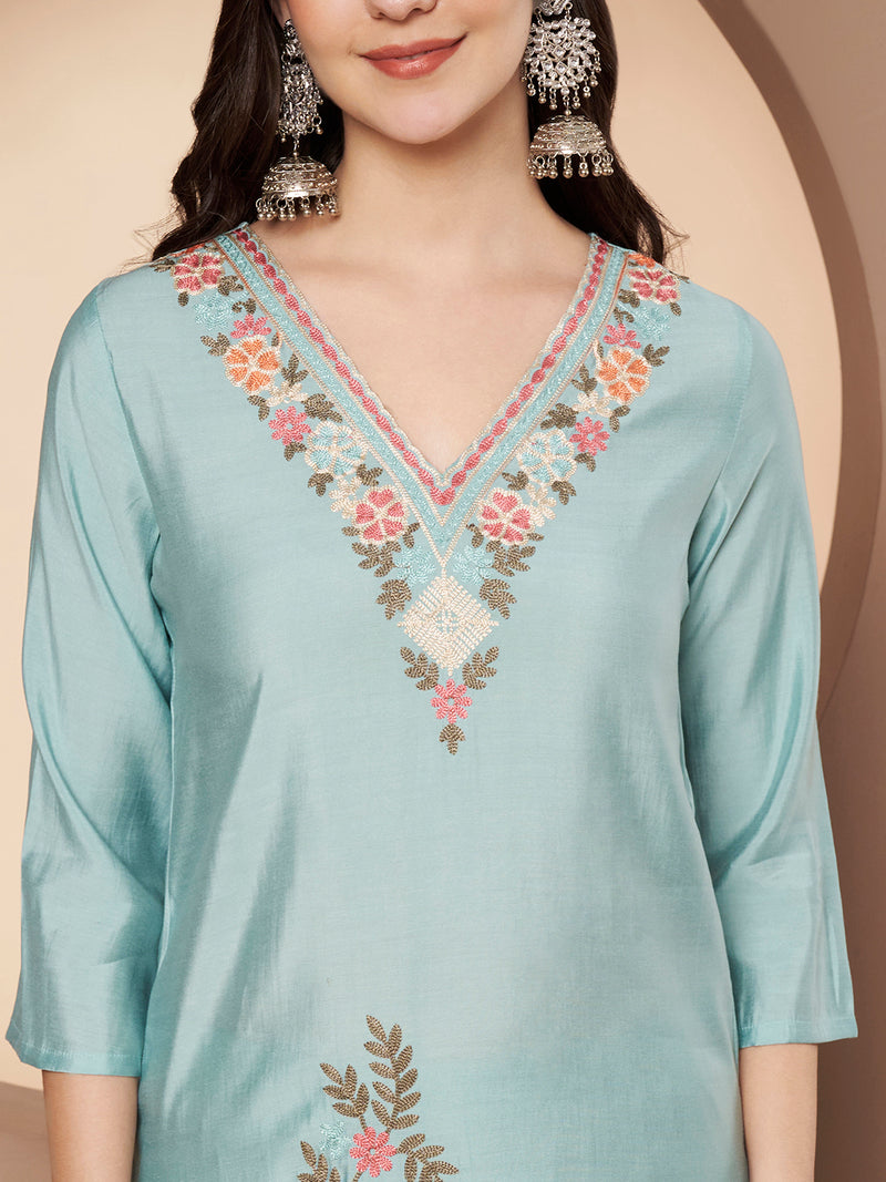Women's Sea Green Floral Aari Work Embroidered Kurta with Palazzo and Embroidered Dupatta