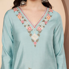 Women's Sea Green Floral Aari Work Embroidered Kurta with Palazzo and Embroidered Dupatta