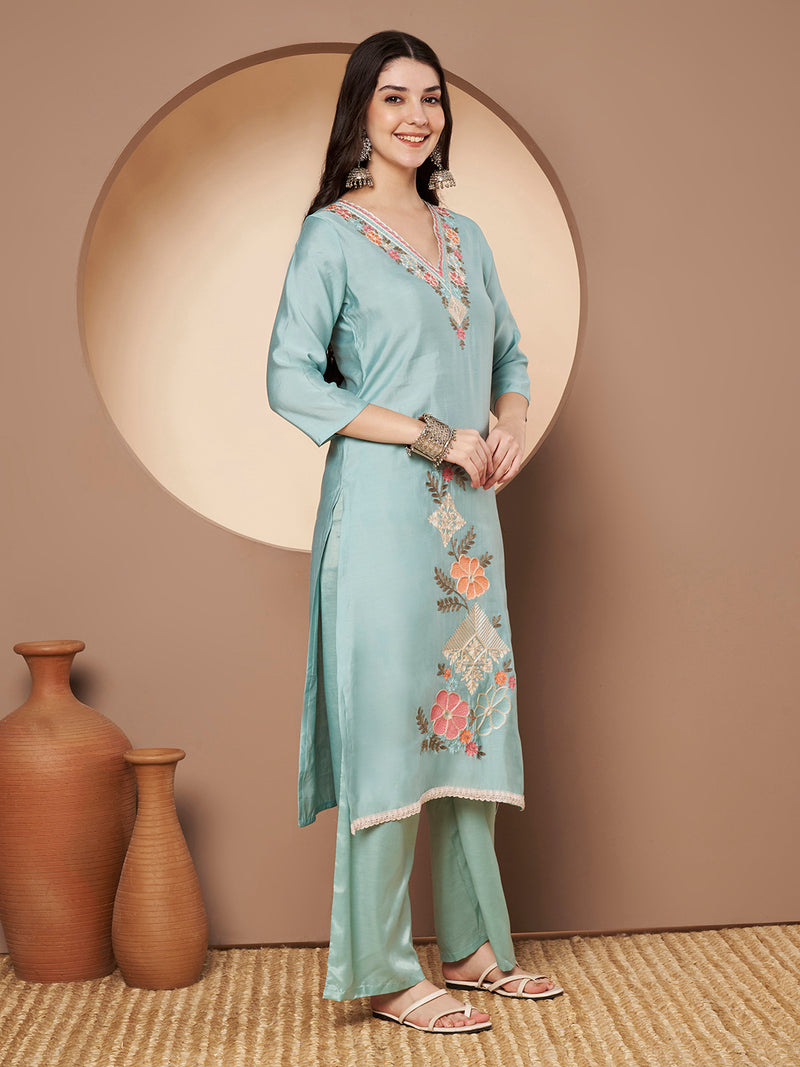Women's Sea Green Floral Aari Work Embroidered Kurta with Palazzo and Embroidered Dupatta