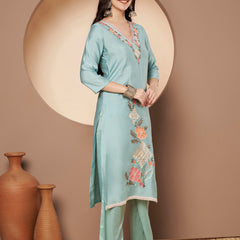 Women's Sea Green Floral Aari Work Embroidered Kurta with Palazzo and Embroidered Dupatta