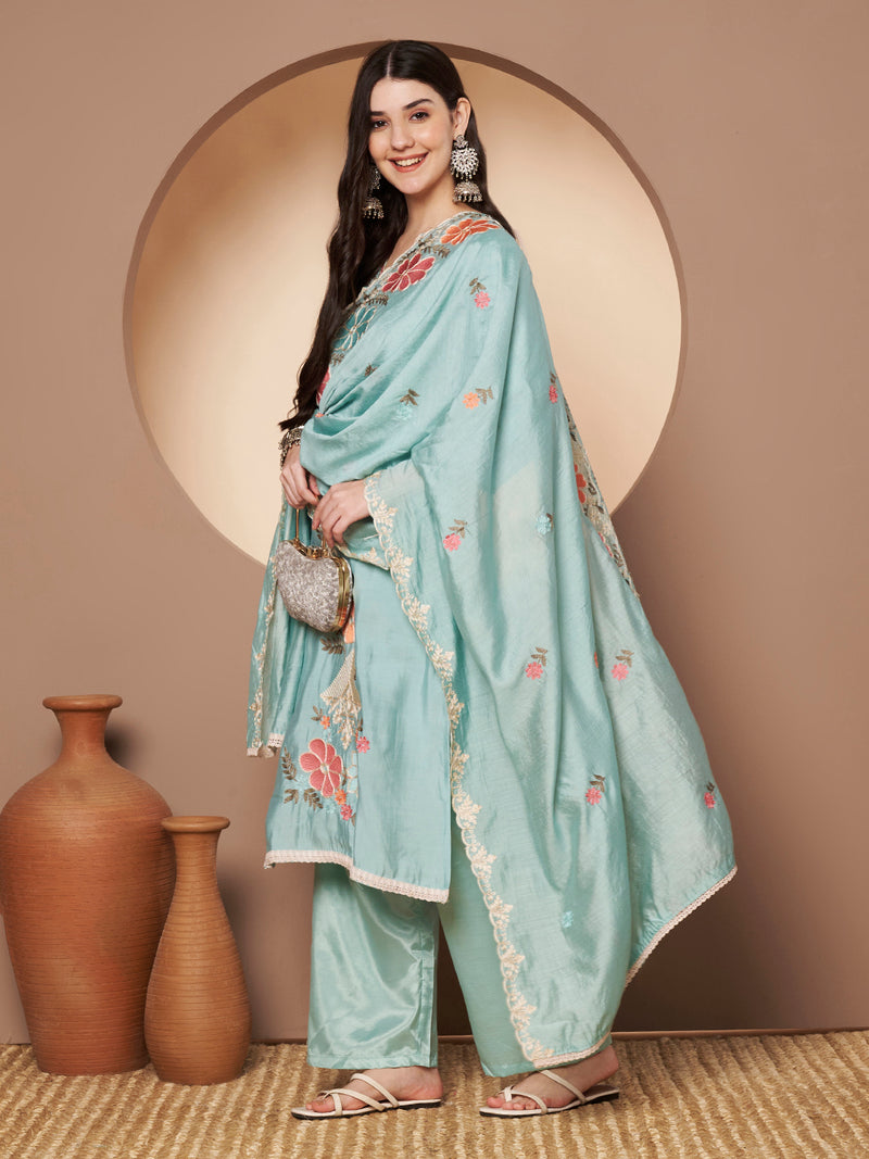 Women's Sea Green Floral Aari Work Embroidered Kurta with Palazzo and Embroidered Dupatta