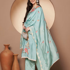 Women's Sea Green Floral Aari Work Embroidered Kurta with Palazzo and Embroidered Dupatta