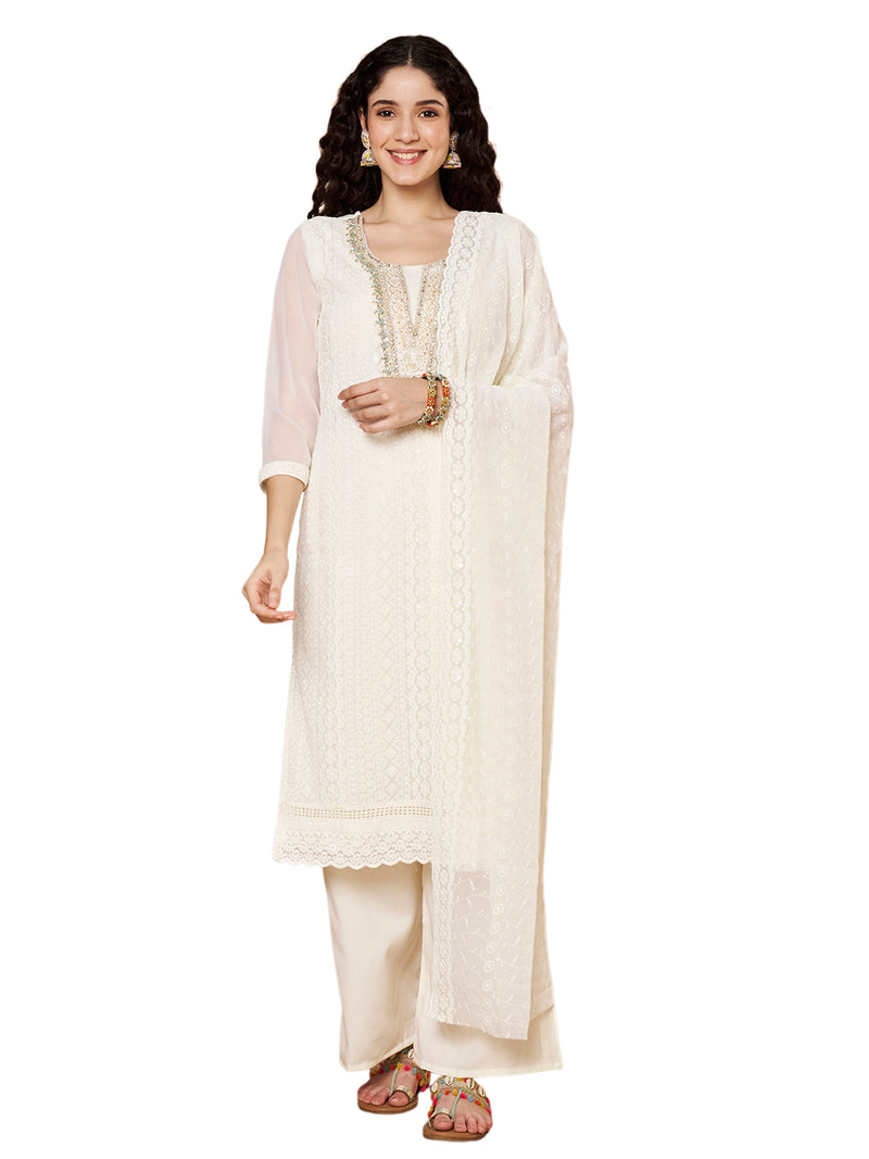 Off-White-Green Chickenkari Adda Work Embroidered Kurta with Palazzo and Embroidered Dupatta