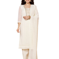 Off-White-Green Chickenkari Adda Work Embroidered Kurta with Palazzo and Embroidered Dupatta