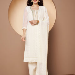 Off-White-Green Chickenkari Adda Work Embroidered Kurta with Palazzo and Embroidered Dupatta