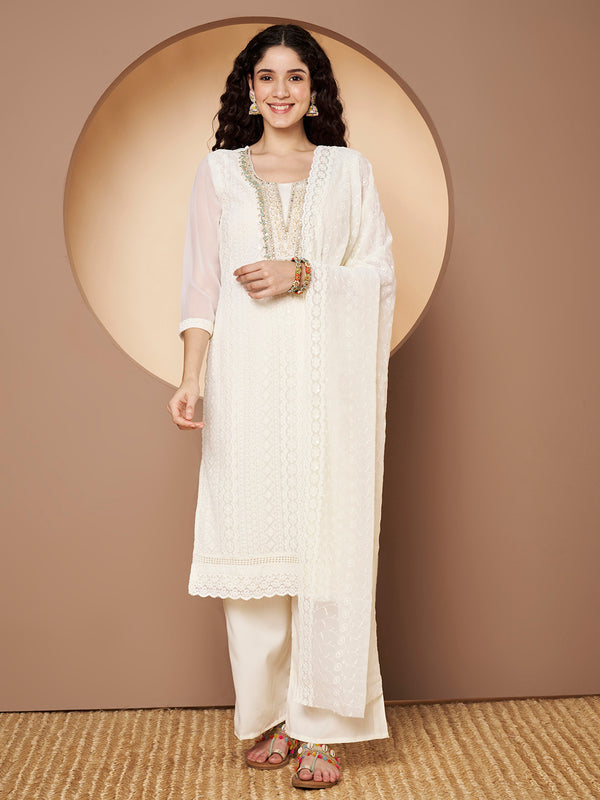 Off-White-Green Chickenkari Adda Work Embroidered Kurta with Palazzo and Embroidered Dupatta