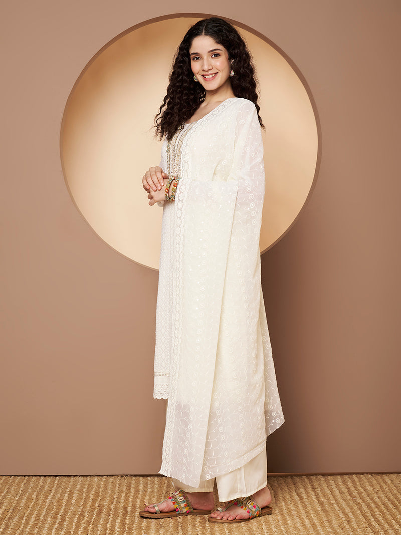 Off-White-Green Chickenkari Adda Work Embroidered Kurta with Palazzo and Embroidered Dupatta