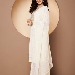 Off-White-Green Chickenkari Adda Work Embroidered Kurta with Palazzo and Embroidered Dupatta