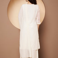 Off-White-Green Chickenkari Adda Work Embroidered Kurta with Palazzo and Embroidered Dupatta