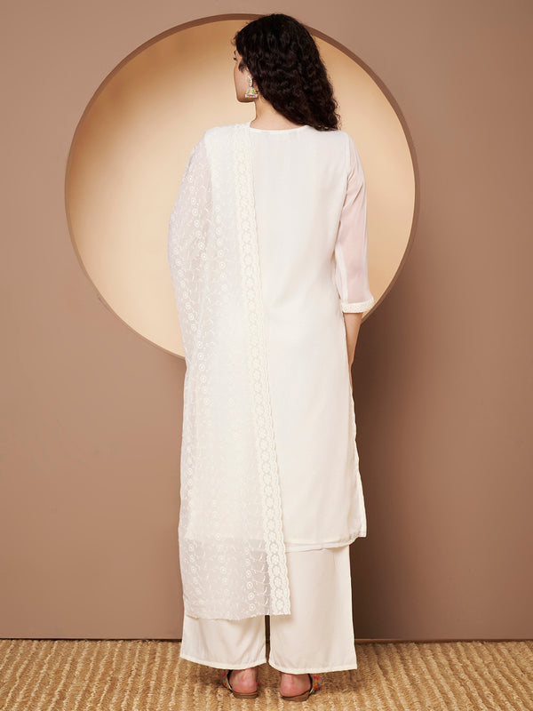 Off-White-Green Chickenkari Adda Work Embroidered Kurta with Palazzo and Embroidered Dupatta