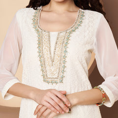 Off-White-Green Chickenkari Adda Work Embroidered Kurta with Palazzo and Embroidered Dupatta