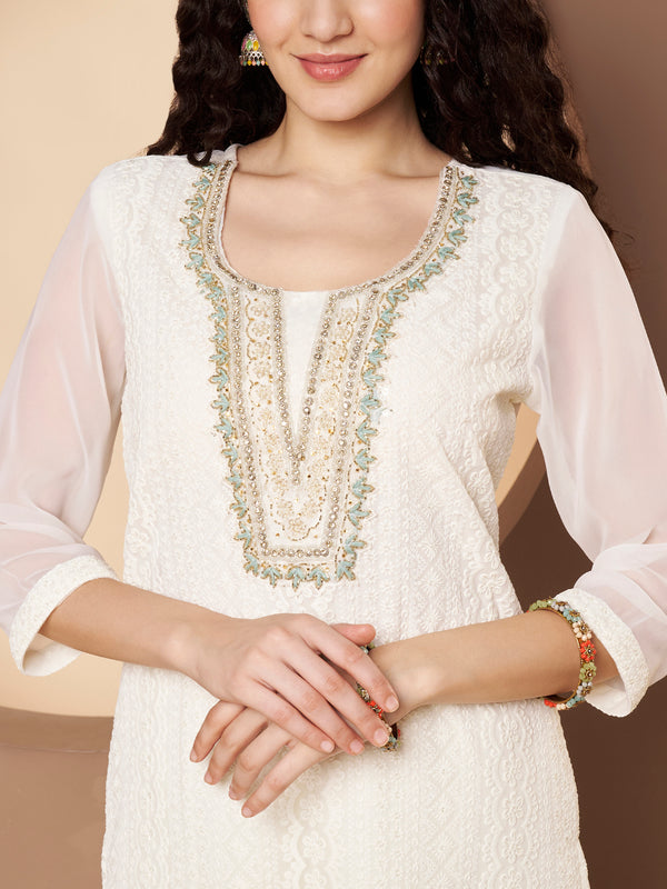 Off-White-Green Chickenkari Adda Work Embroidered Kurta with Palazzo and Embroidered Dupatta