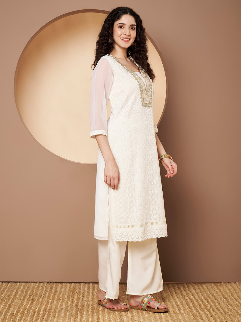 Off-White-Green Chickenkari Adda Work Embroidered Kurta with Palazzo and Embroidered Dupatta