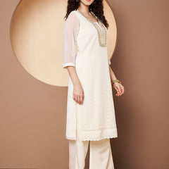 Off-White-Green Chickenkari Adda Work Embroidered Kurta with Palazzo and Embroidered Dupatta