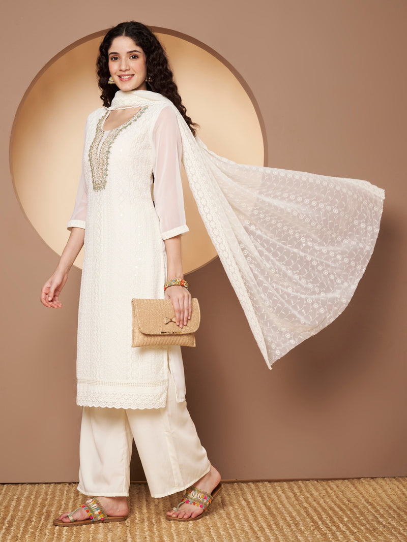 Off-White-Green Chickenkari Adda Work Embroidered Kurta with Palazzo and Embroidered Dupatta