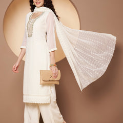 Off-White-Green Chickenkari Adda Work Embroidered Kurta with Palazzo and Embroidered Dupatta