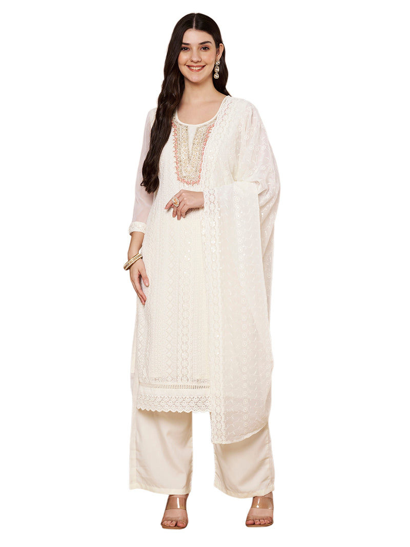 Off-Whit & Peach Chickenkari Adda Work Embroidered Kurta with Palazzo and Embroidered Dupatta