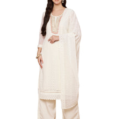 Off-Whit & Peach Chickenkari Adda Work Embroidered Kurta with Palazzo and Embroidered Dupatta