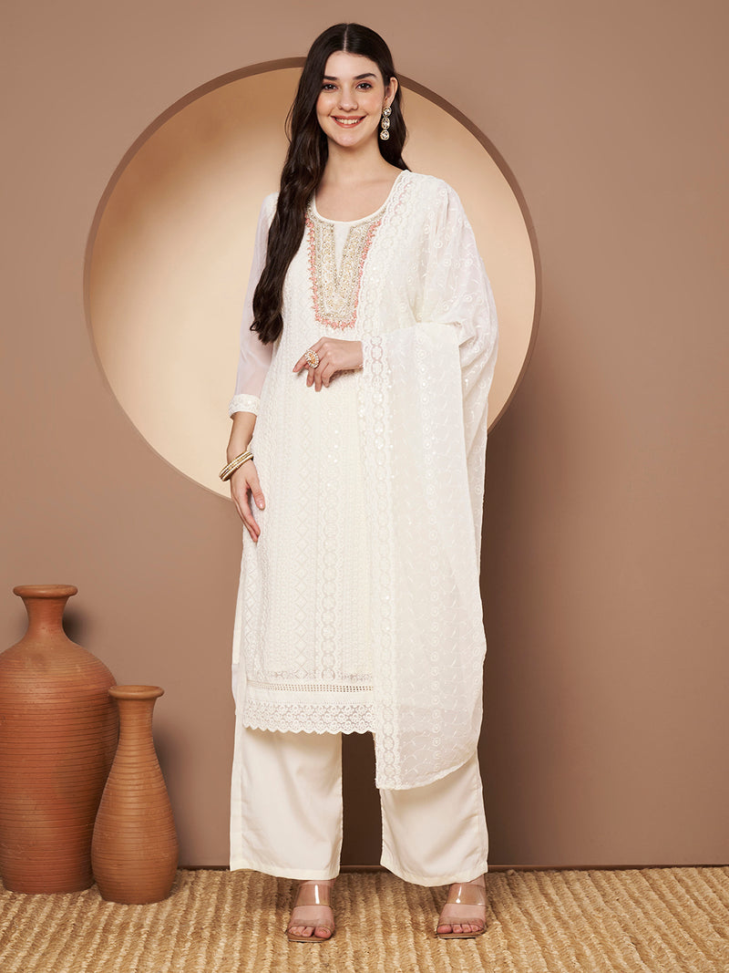 Off-Whit & Peach Chickenkari Adda Work Embroidered Kurta with Palazzo and Embroidered Dupatta
