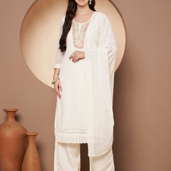 Off-Whit & Peach Chickenkari Adda Work Embroidered Kurta with Palazzo and Embroidered Dupatta