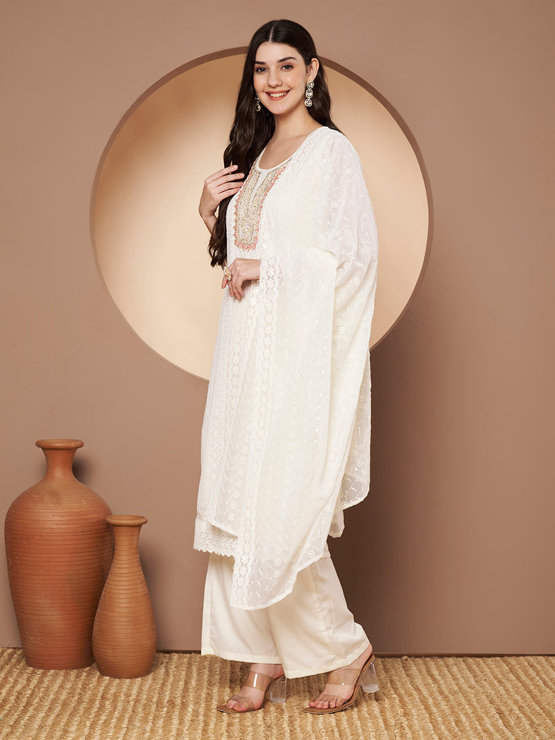 Off-Whit & Peach Chickenkari Adda Work Embroidered Kurta with Palazzo and Embroidered Dupatta