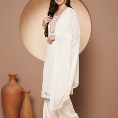 Off-Whit & Peach Chickenkari Adda Work Embroidered Kurta with Palazzo and Embroidered Dupatta