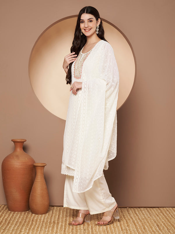 Off-Whit & Peach Chickenkari Adda Work Embroidered Kurta with Palazzo and Embroidered Dupatta