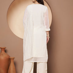 Off-Whit & Peach Chickenkari Adda Work Embroidered Kurta with Palazzo and Embroidered Dupatta