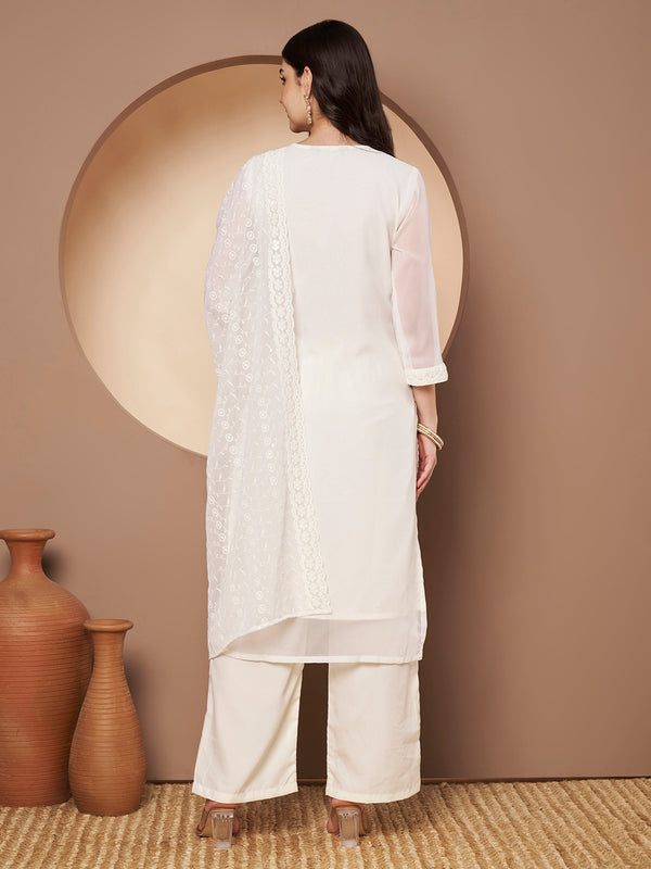 Off-Whit & Peach Chickenkari Adda Work Embroidered Kurta with Palazzo and Embroidered Dupatta