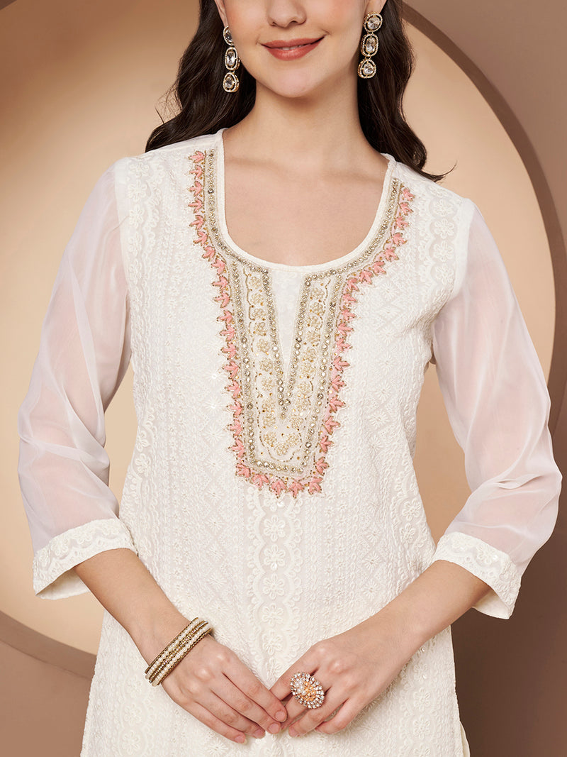 Off-Whit & Peach Chickenkari Adda Work Embroidered Kurta with Palazzo and Embroidered Dupatta