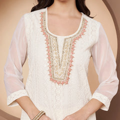 Off-Whit & Peach Chickenkari Adda Work Embroidered Kurta with Palazzo and Embroidered Dupatta