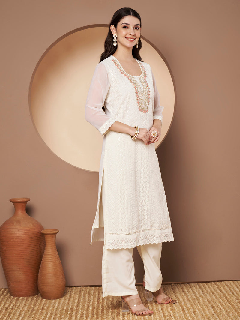 Off-Whit & Peach Chickenkari Adda Work Embroidered Kurta with Palazzo and Embroidered Dupatta