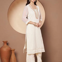 Off-Whit & Peach Chickenkari Adda Work Embroidered Kurta with Palazzo and Embroidered Dupatta