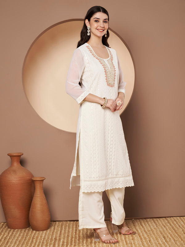 Off-Whit & Peach Chickenkari Adda Work Embroidered Kurta with Palazzo and Embroidered Dupatta