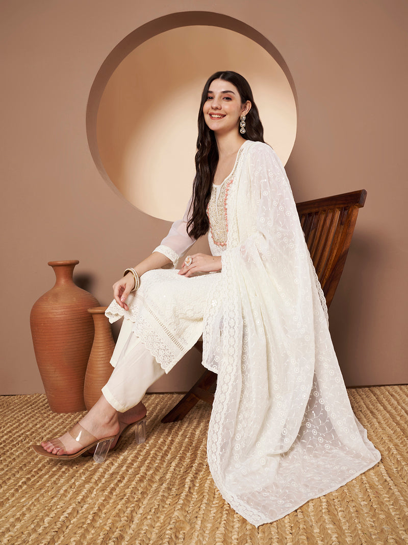 Off-Whit & Peach Chickenkari Adda Work Embroidered Kurta with Palazzo and Embroidered Dupatta