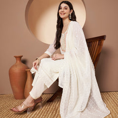 Off-Whit & Peach Chickenkari Adda Work Embroidered Kurta with Palazzo and Embroidered Dupatta