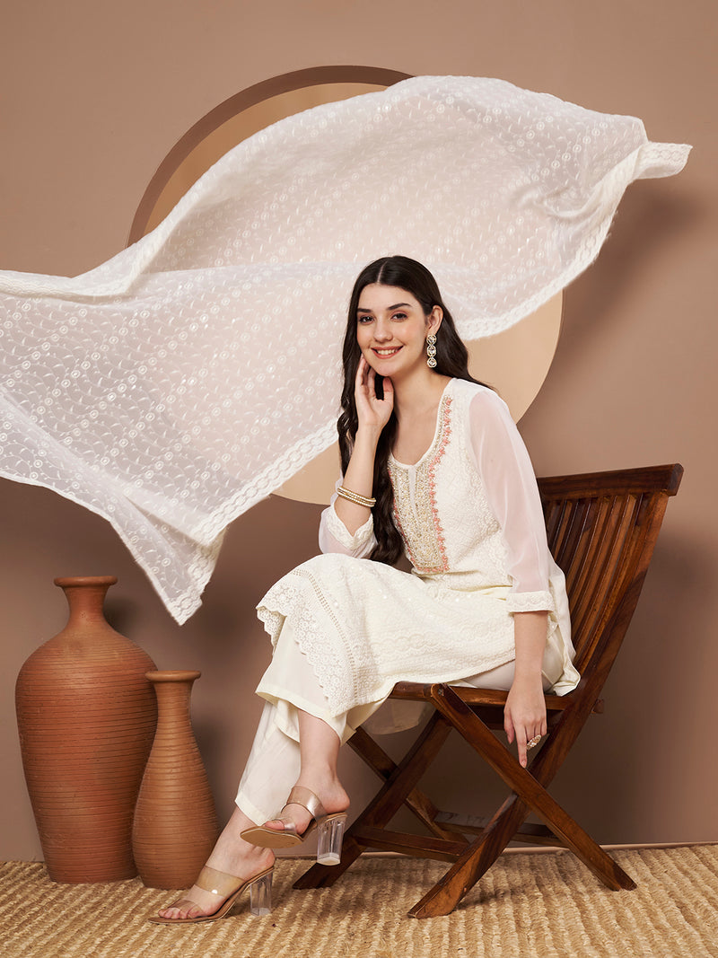 Off-Whit & Peach Chickenkari Adda Work Embroidered Kurta with Palazzo and Embroidered Dupatta