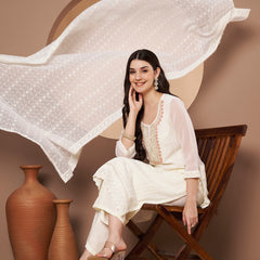 Off-Whit & Peach Chickenkari Adda Work Embroidered Kurta with Palazzo and Embroidered Dupatta