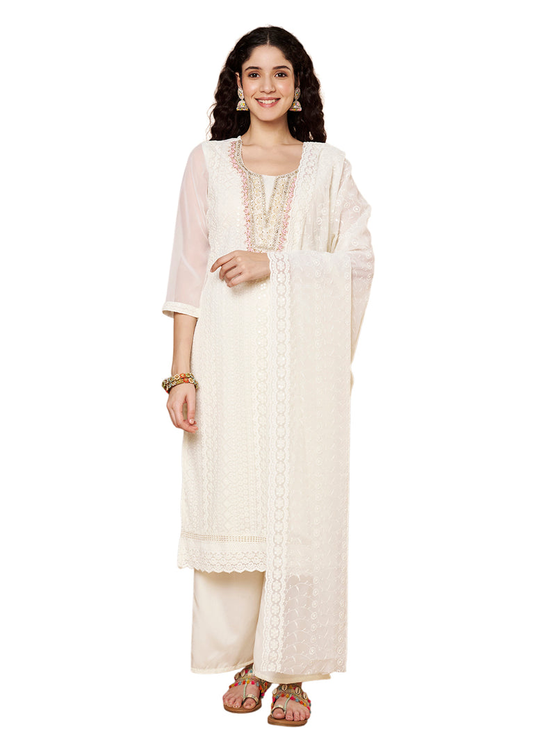 Off-White-Pink Chickenkari Adda Work Embroidered Kurta with Palazzo and Embroidered Dupatta