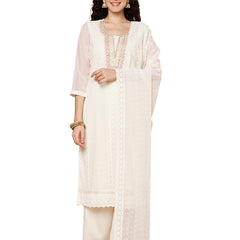 Off-White-Pink Chickenkari Adda Work Embroidered Kurta with Palazzo and Embroidered Dupatta