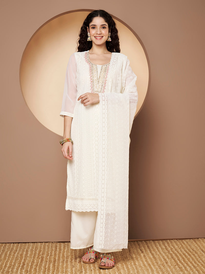 Off-White-Pink Chickenkari Adda Work Embroidered Kurta with Palazzo and Embroidered Dupatta
