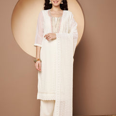 Off-White-Pink Chickenkari Adda Work Embroidered Kurta with Palazzo and Embroidered Dupatta