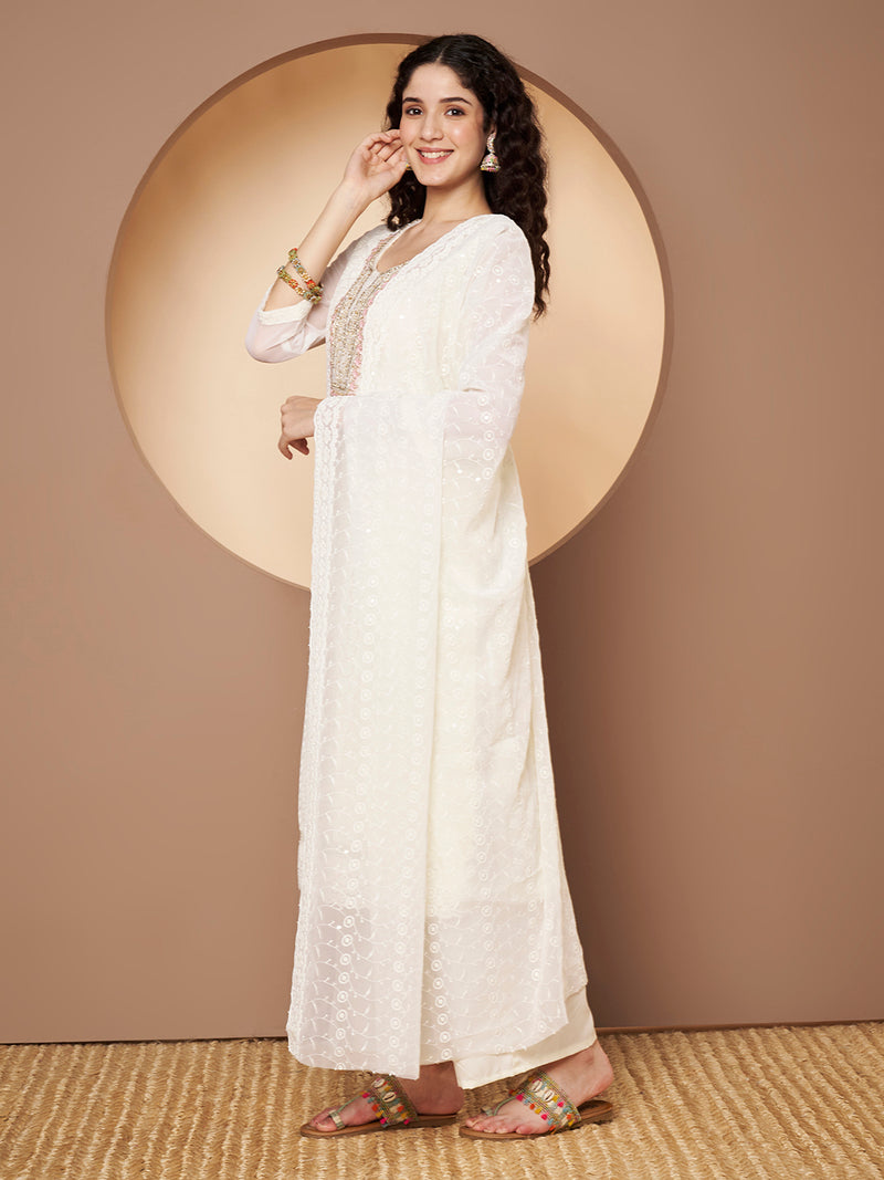 Off-White-Pink Chickenkari Adda Work Embroidered Kurta with Palazzo and Embroidered Dupatta