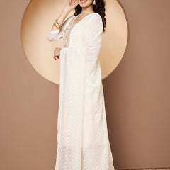 Off-White-Pink Chickenkari Adda Work Embroidered Kurta with Palazzo and Embroidered Dupatta