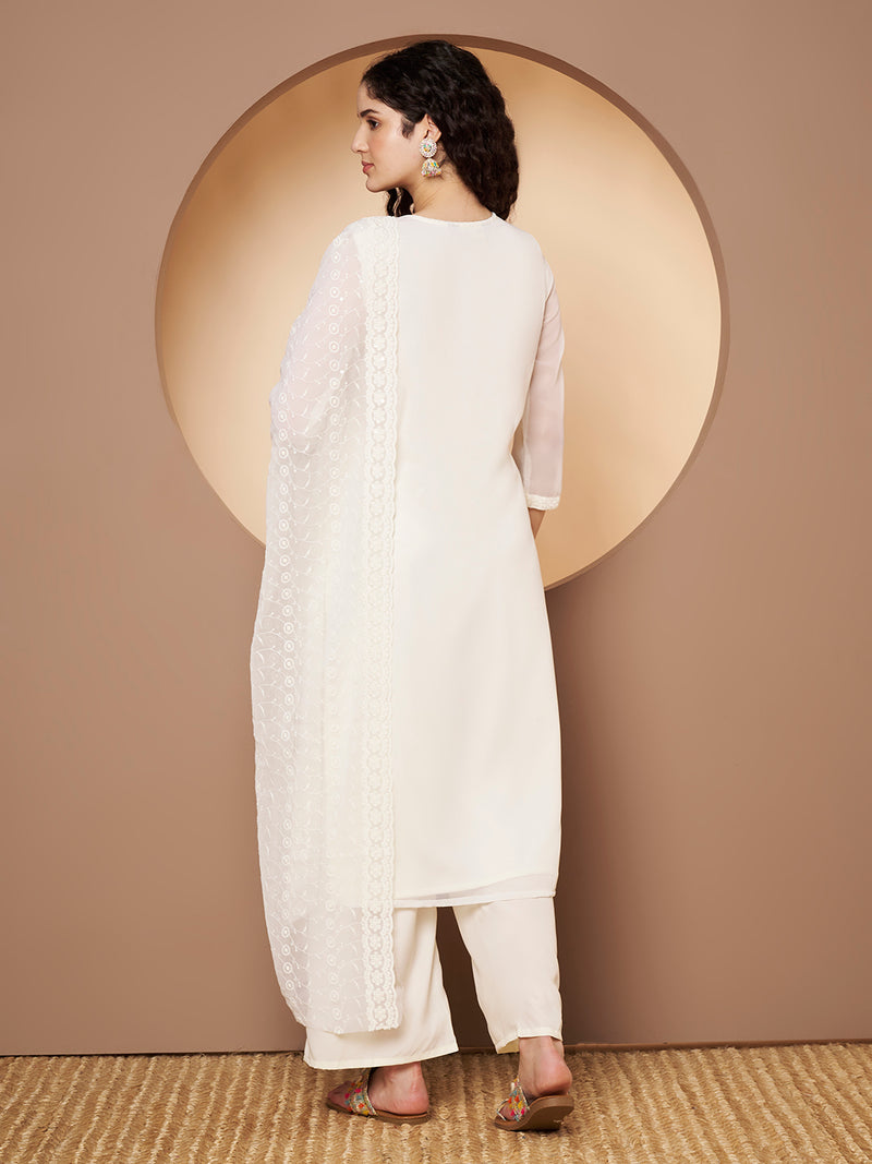 Off-White-Pink Chickenkari Adda Work Embroidered Kurta with Palazzo and Embroidered Dupatta